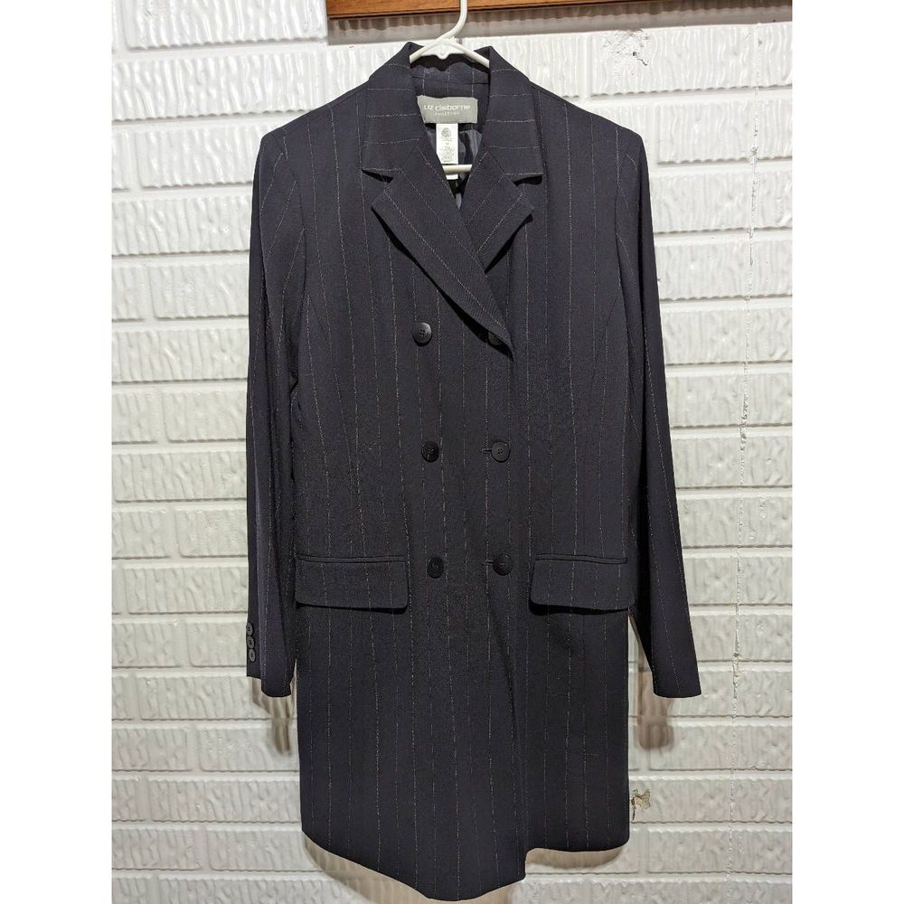 Liz Claiborne Women's Blue Wool Pin Stripe Double Breasted Long Jacket Size 10